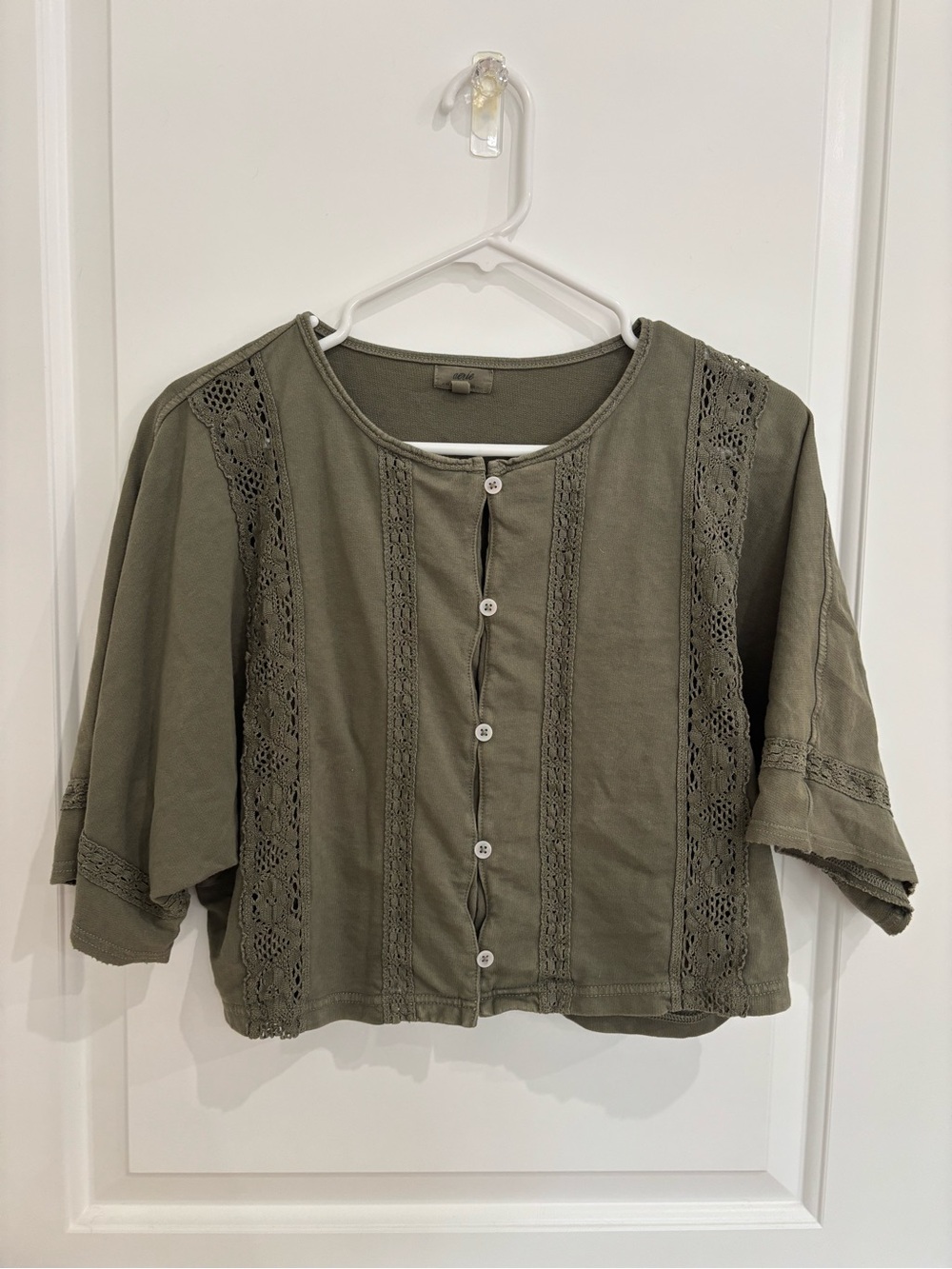 aerie Olive Crochet-Trim Button Front Short Sleeve Top
